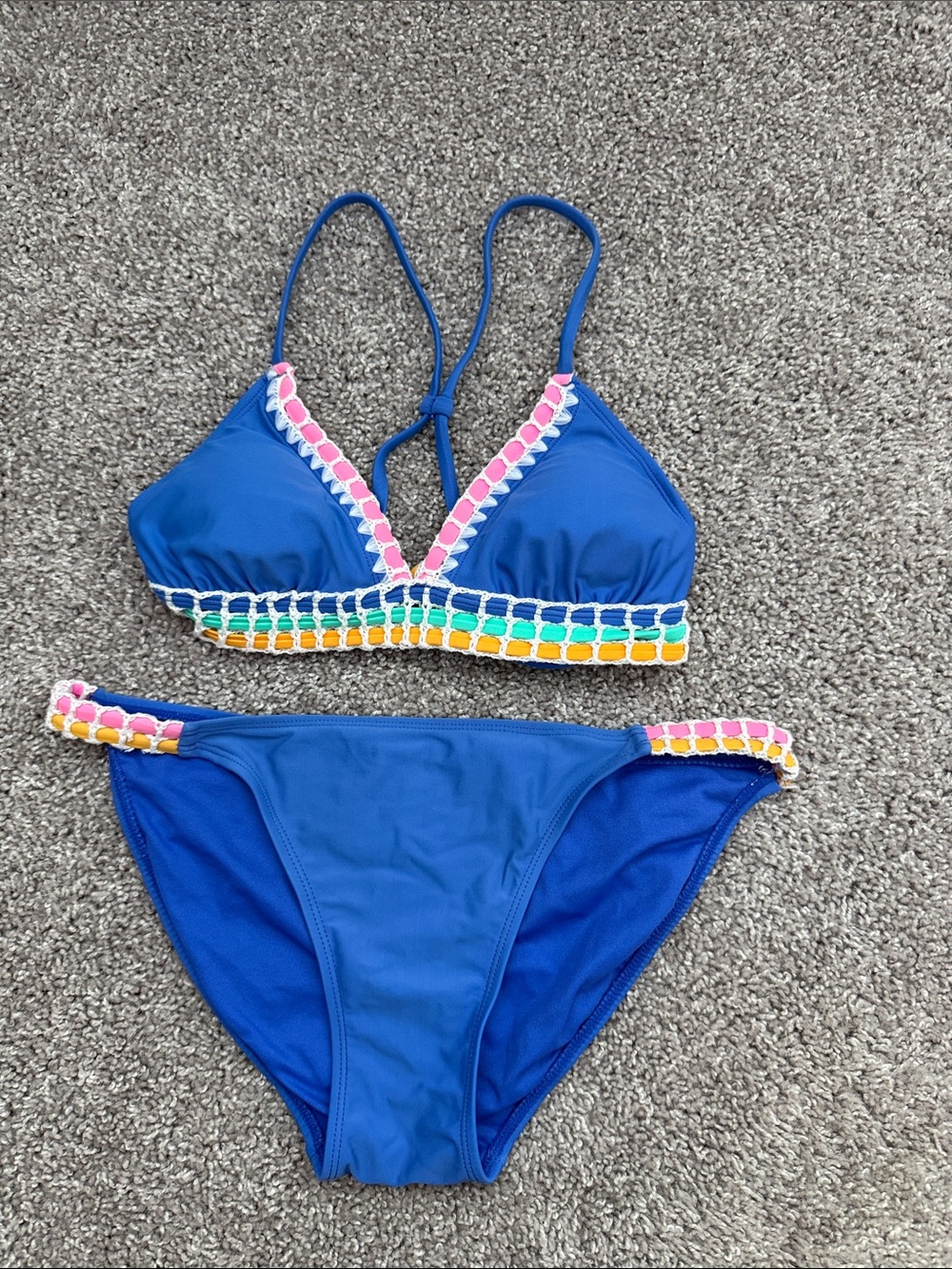 Xhilaration Blue Bikini with Pink, Yellow and Green Crochet Trim